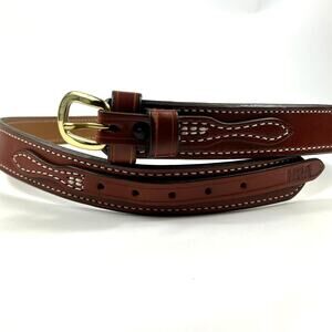 Aker NRA Walker Ranger Belt Sz46 Brown Leather Brass Buckle Made in USA B10-46